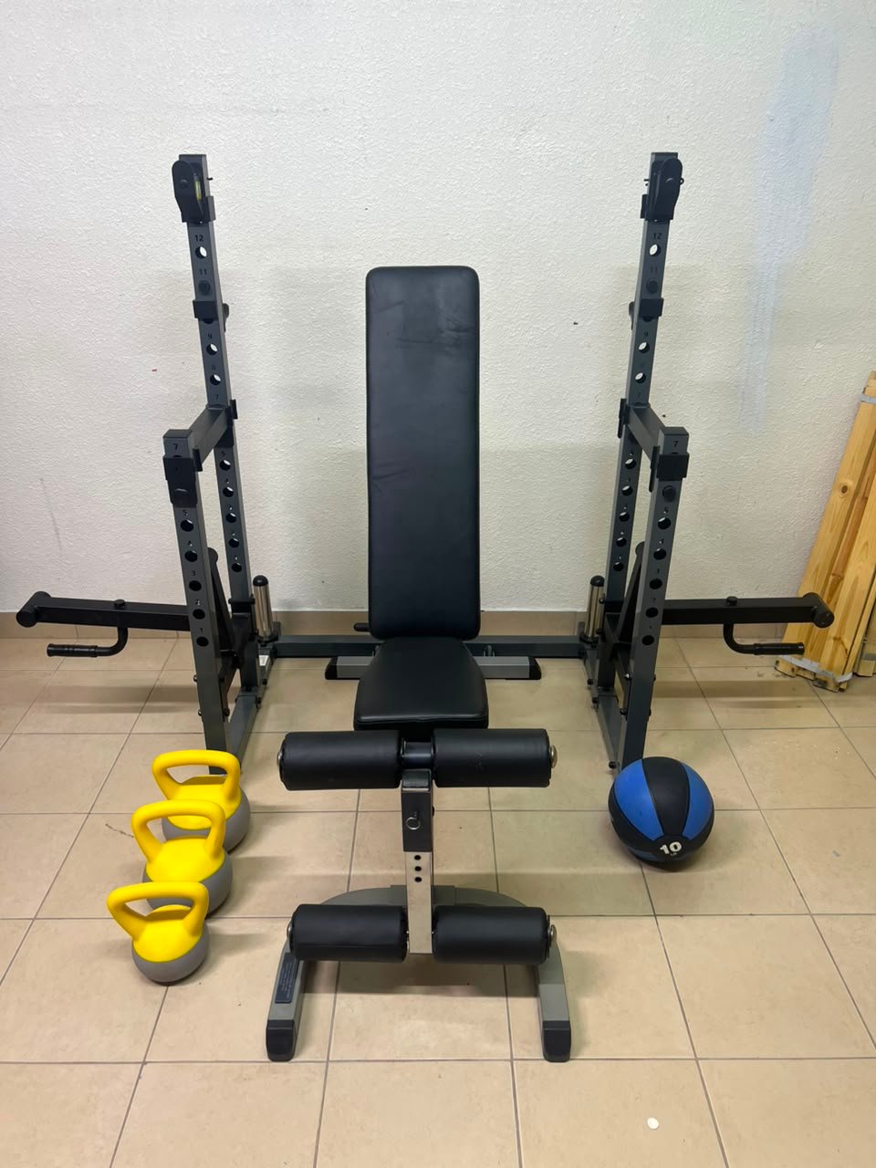 A complete home fitness equipment set including an adjustable push-up bench and weight rack. - Image 8