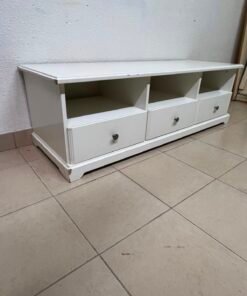 The IKEA LIATORP TV stand in white features three spacious drawers and open storage spaces on top.
