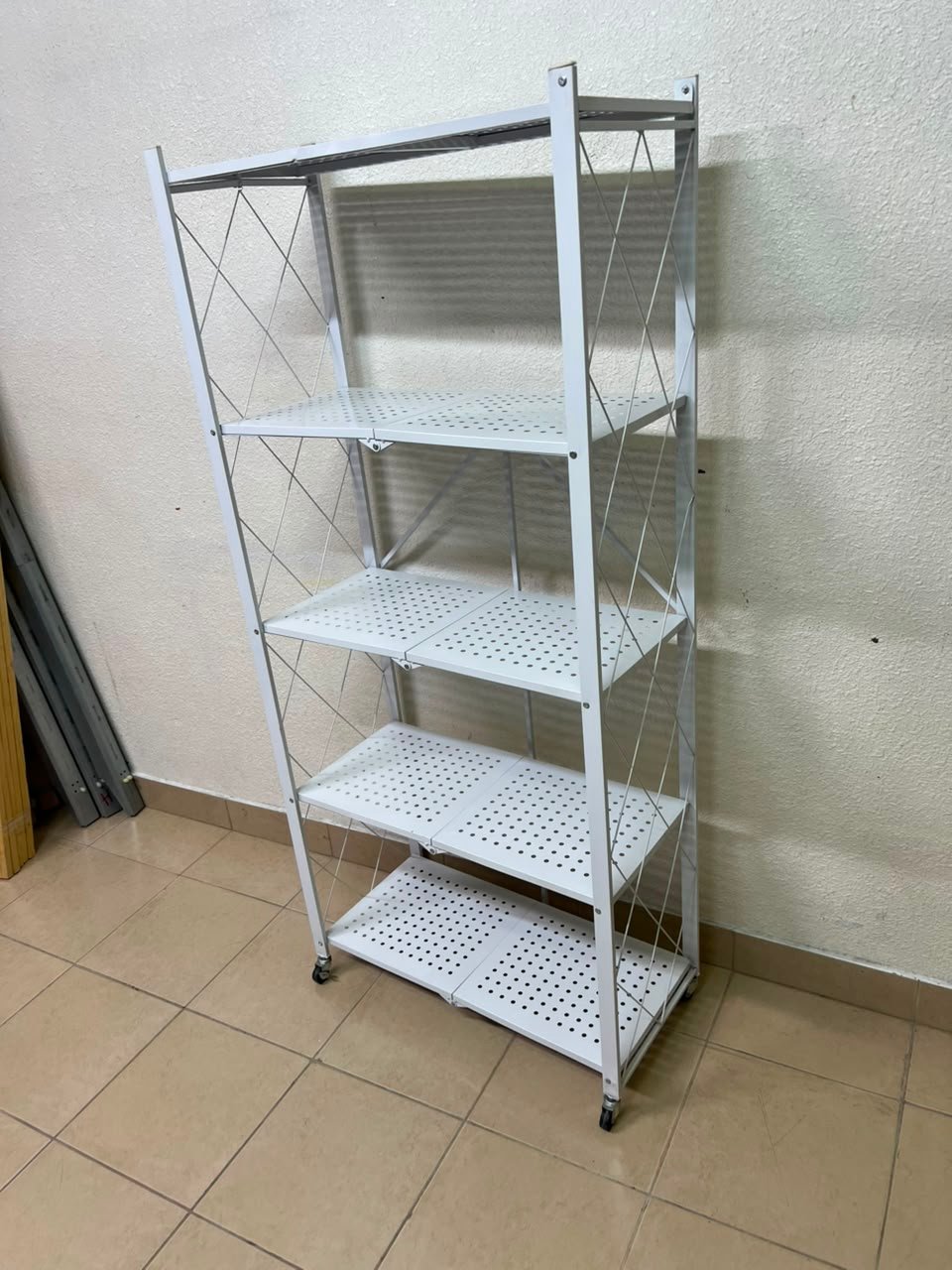 4-Tier Foldable Storage Shelf,Multi-Functional Standing Metal Shelves with Wheels,Ideal for Living Room,Bedroom,Garage,Kitchen (White) - Image 2