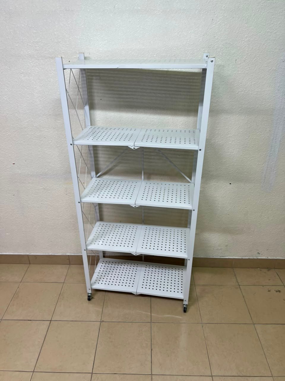 4-Tier Foldable Storage Shelf,Multi-Functional Standing Metal Shelves with Wheels,Ideal for Living Room,Bedroom,Garage,Kitchen (White) - Image 5