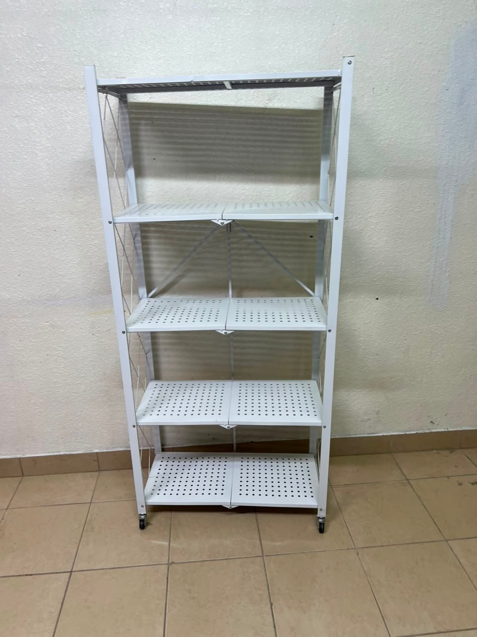 4-Tier Foldable Storage Shelf,Multi-Functional Standing Metal Shelves with Wheels,Ideal for Living Room,Bedroom,Garage,Kitchen (White)