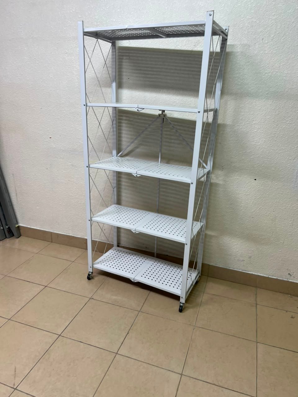 4-Tier Foldable Storage Shelf,Multi-Functional Standing Metal Shelves with Wheels,Ideal for Living Room,Bedroom,Garage,Kitchen (White) - Image 7