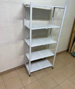 4-Tier Foldable Storage Shelf,Multi-Functional Standing Metal Shelves with Wheels,Ideal for Living Room,Bedroom,Garage,Kitchen (White) - Image 2