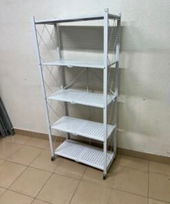 4-Tier Foldable Storage Shelf,Multi-Functional Standing Metal Shelves with Wheels,Ideal for Living Room,Bedroom,Garage,Kitchen (White) - Image 5