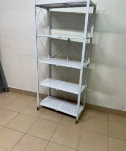 4-Tier Foldable Storage Shelf,Multi-Functional Standing Metal Shelves with Wheels,Ideal for Living Room,Bedroom,Garage,Kitchen (White)