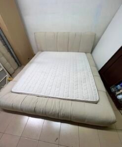 Beige upholstered double bed with mattress - good condition - Image 2