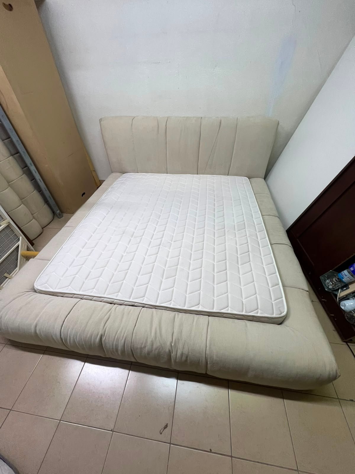 Beige upholstered double bed with mattress - good condition - Image 2