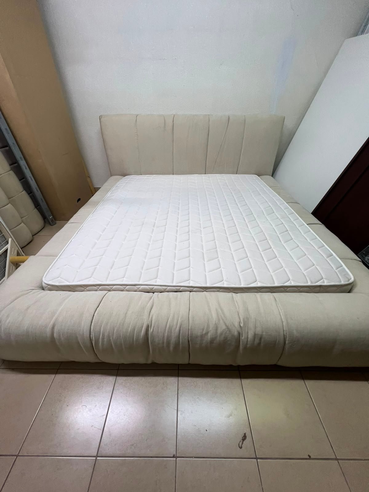 Beige upholstered double bed with mattress - good condition - Image 3