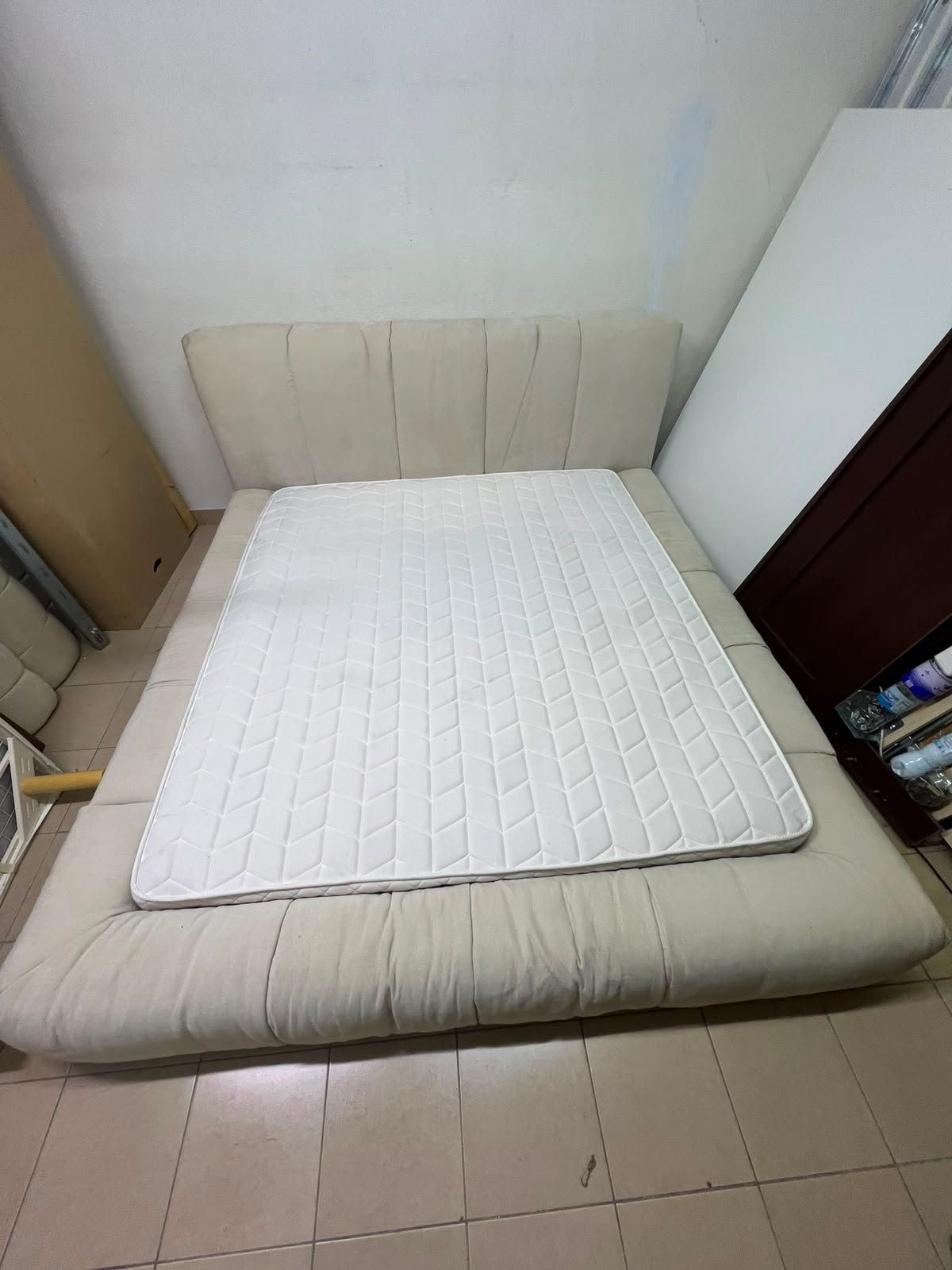 Beige upholstered double bed with mattress - good condition - Image 4