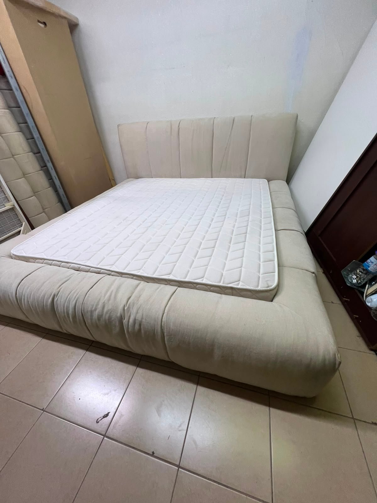 Beige upholstered double bed with mattress - good condition - Image 5