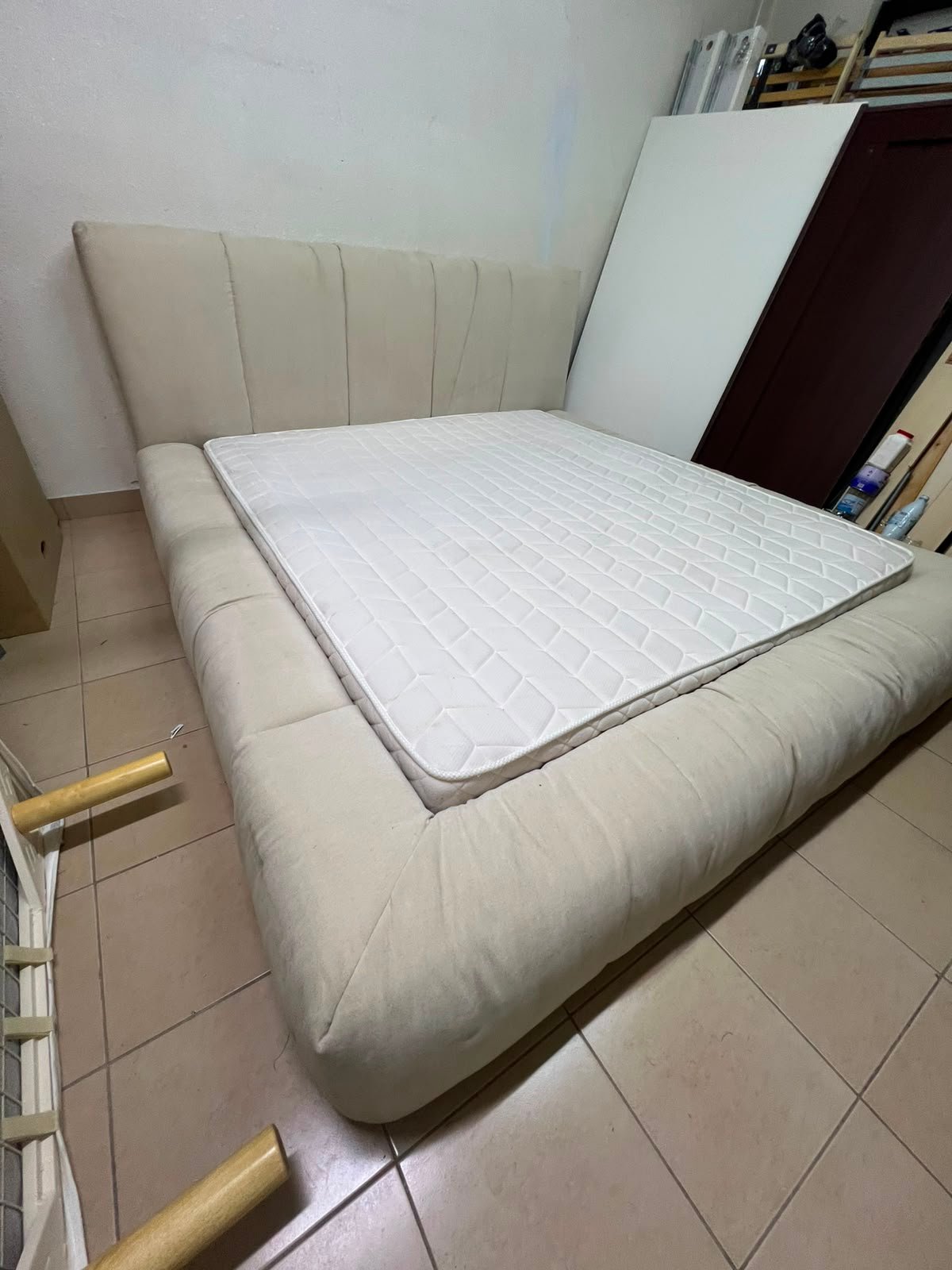Beige upholstered double bed with mattress - good condition - Image 6