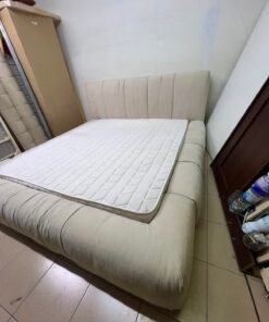 Beige upholstered double bed with mattress - good condition - Image 7