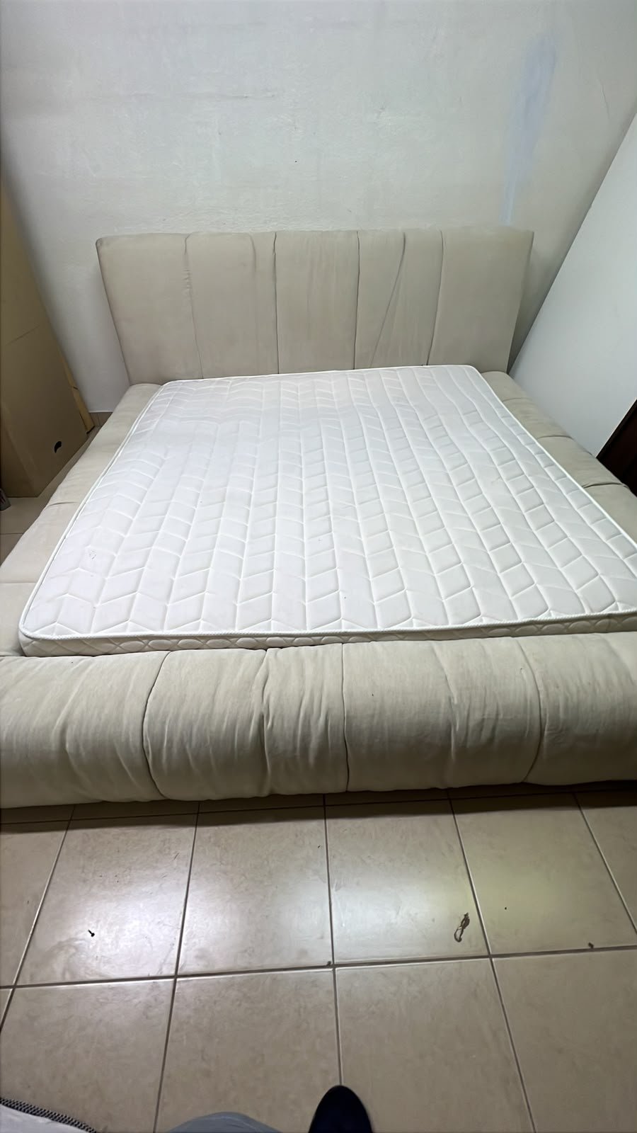 Beige upholstered double bed with mattress - good condition - Image 8