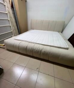 Beige upholstered double bed with mattress - good condition - Image 9
