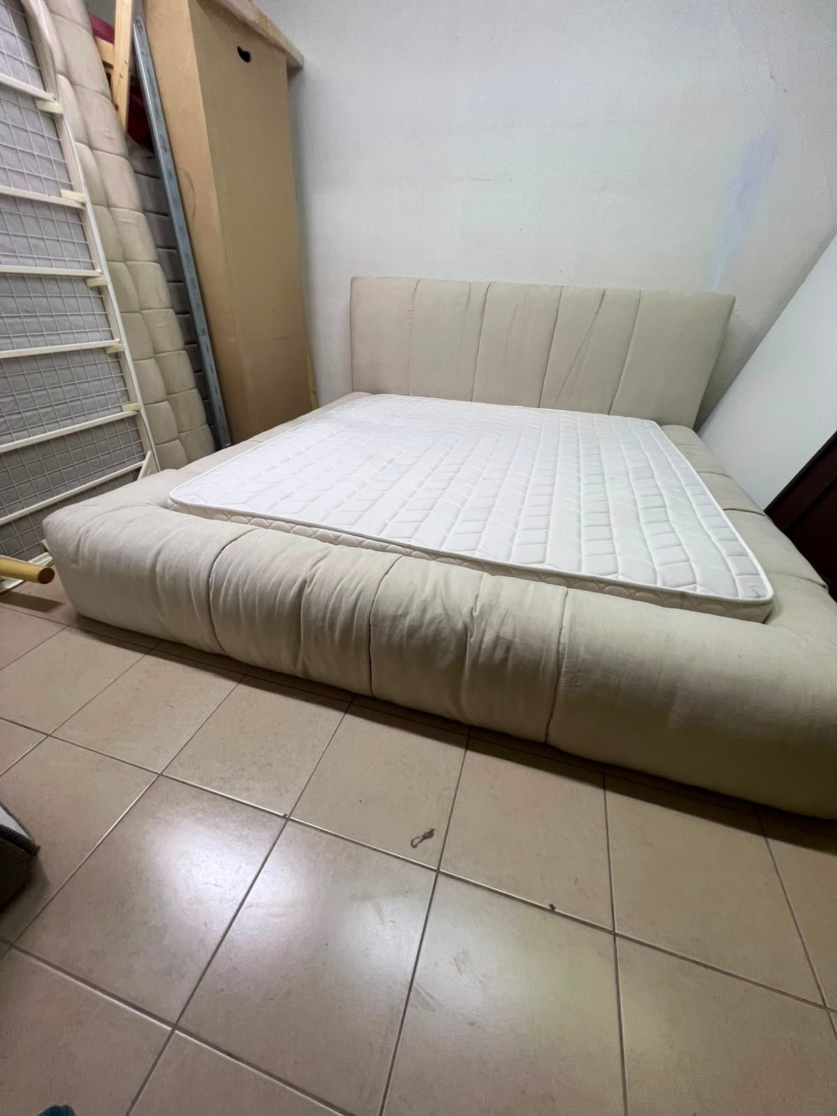 Beige upholstered double bed with mattress - good condition - Image 9