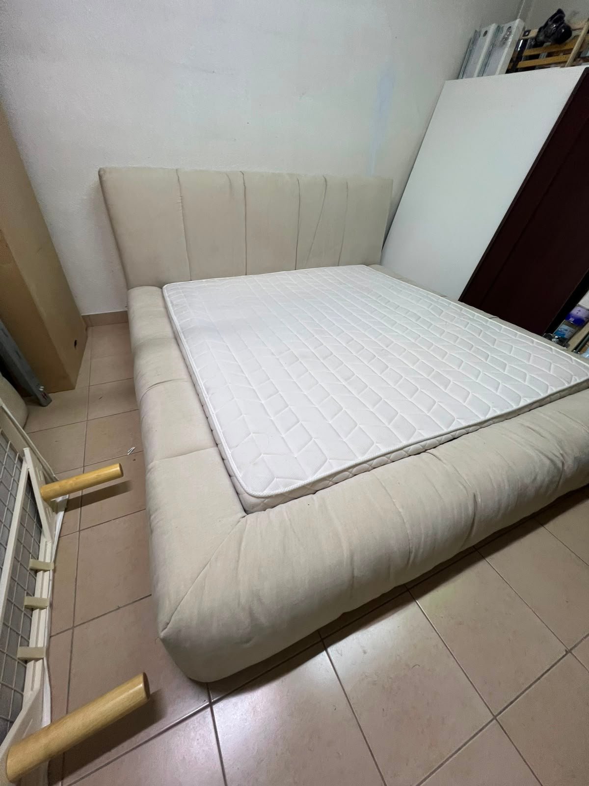 Beige upholstered double bed with mattress - good condition - Image 10