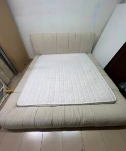 Beige upholstered double bed with mattress - good condition - Image 11