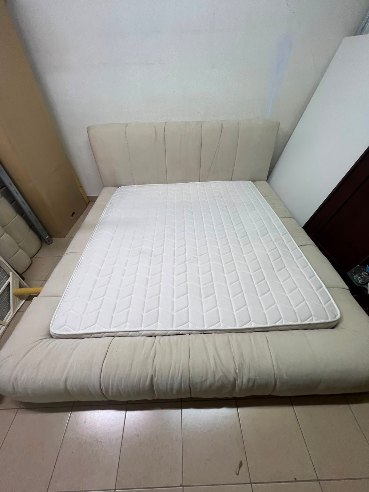 Beige upholstered double bed with mattress - good condition - Image 11