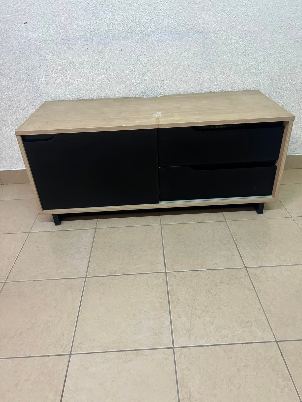 Low TV Unit / Media Console with Drawers - Black & Light Wood
