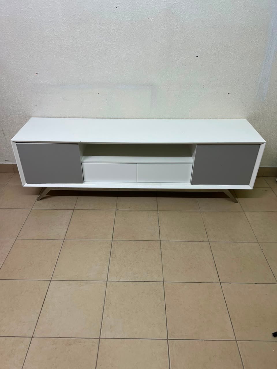Modern Two-Tone Media Console / TV Stand – White & Light Grey with Angled Legs - Image 7