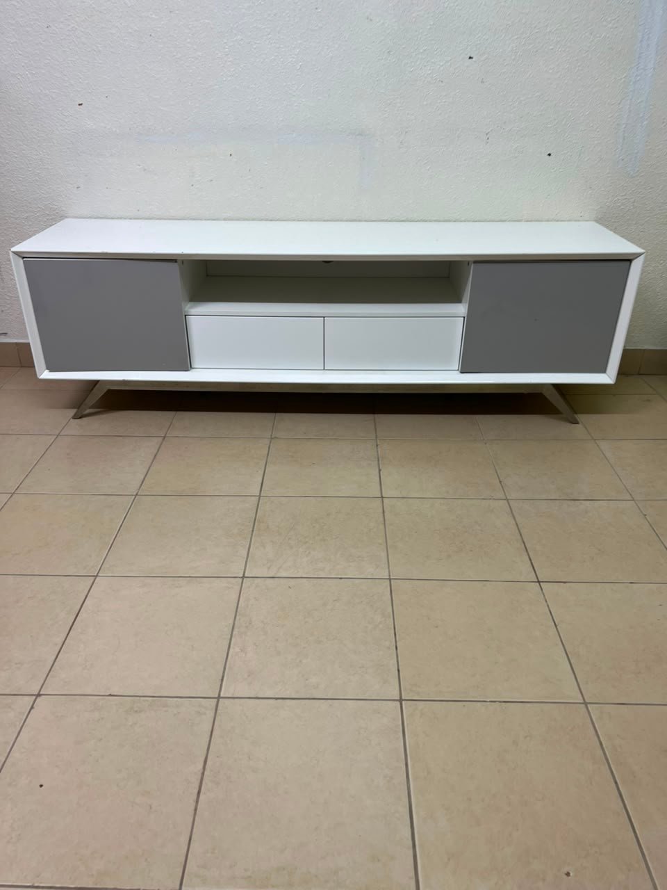 Modern Two-Tone Media Console / TV Stand – White & Light Grey with Angled Legs