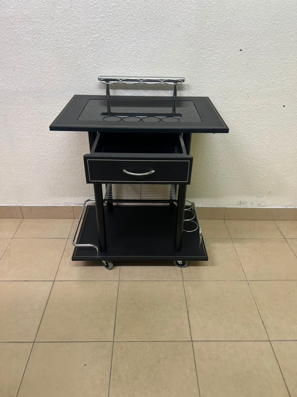 Sleek Black & Chrome Mobile Bar Cart / Serving Trolley with Drawer - Image 2
