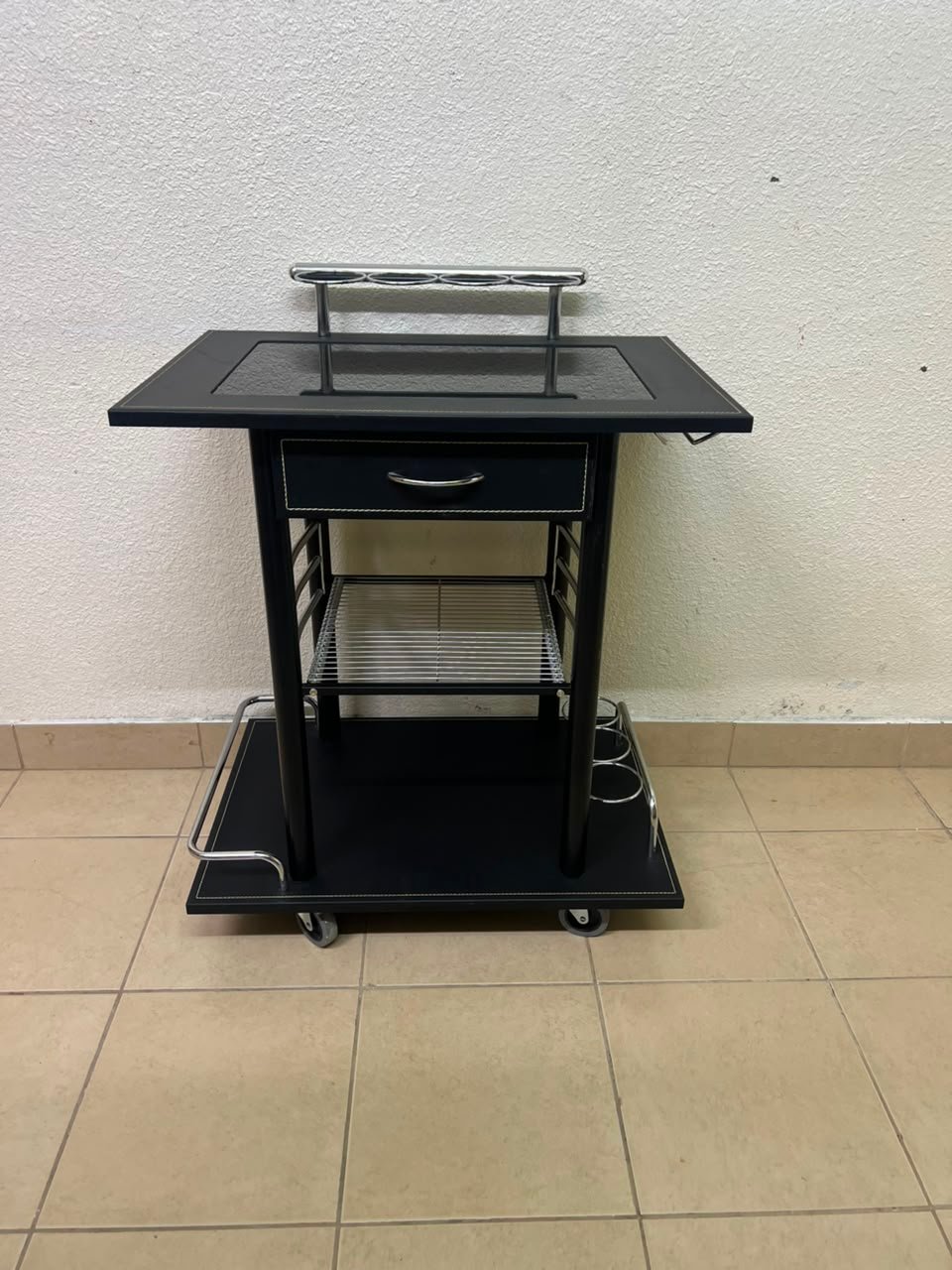 Sleek Black & Chrome Mobile Bar Cart / Serving Trolley with Drawer - Image 3