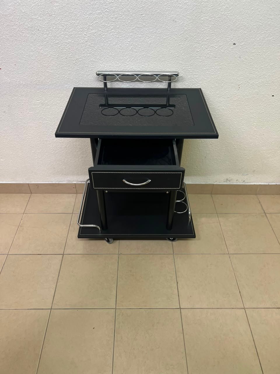 Sleek Black & Chrome Mobile Bar Cart / Serving Trolley with Drawer - Image 4