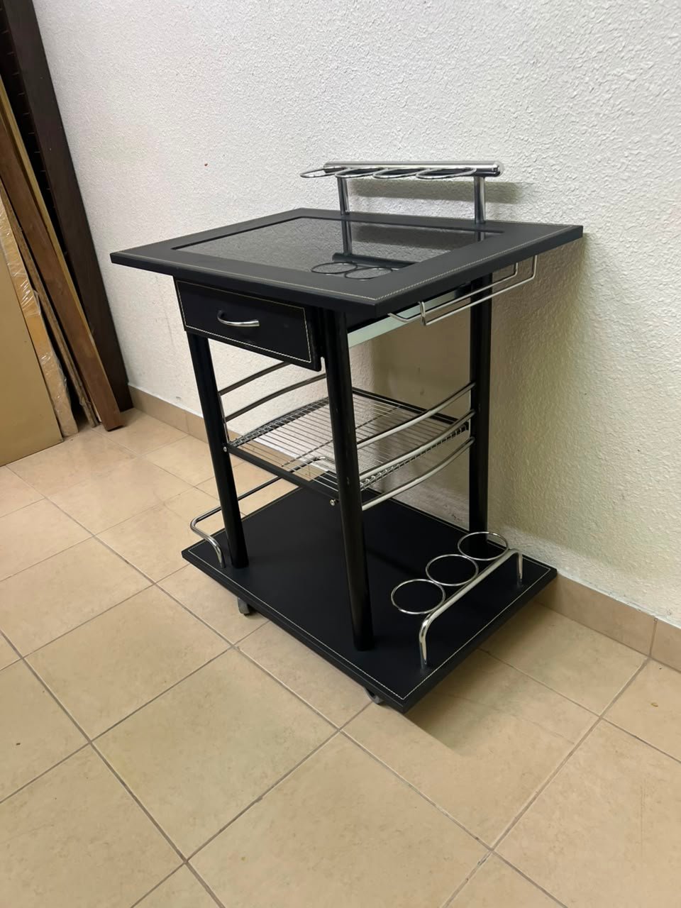 Sleek Black & Chrome Mobile Bar Cart / Serving Trolley with Drawer - Image 5