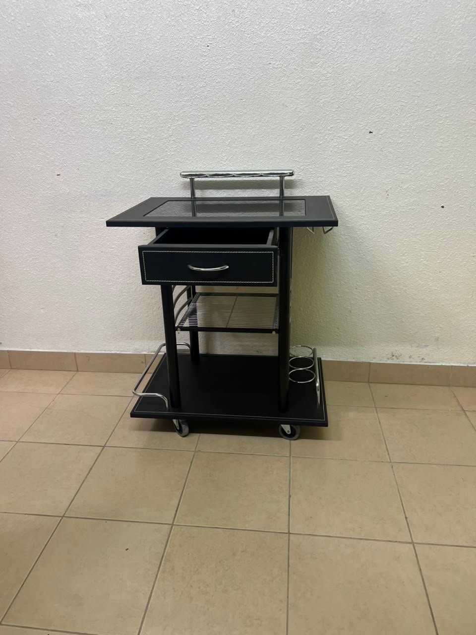 Sleek Black & Chrome Mobile Bar Cart / Serving Trolley with Drawer - Image 6
