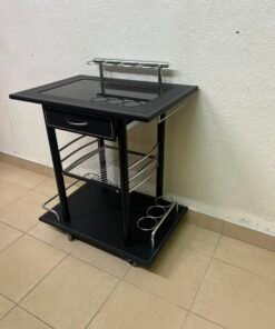 Sleek Black & Chrome Mobile Bar Cart / Serving Trolley with Drawer - Image 7