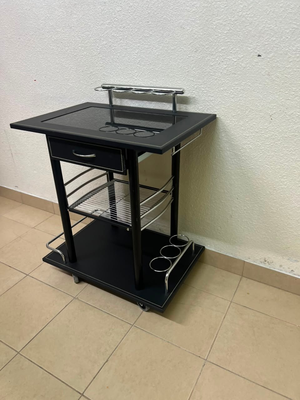 Sleek Black & Chrome Mobile Bar Cart / Serving Trolley with Drawer - Image 7