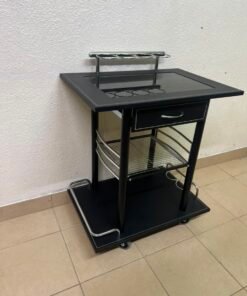Sleek Black & Chrome Mobile Bar Cart / Serving Trolley with Drawer - Image 8
