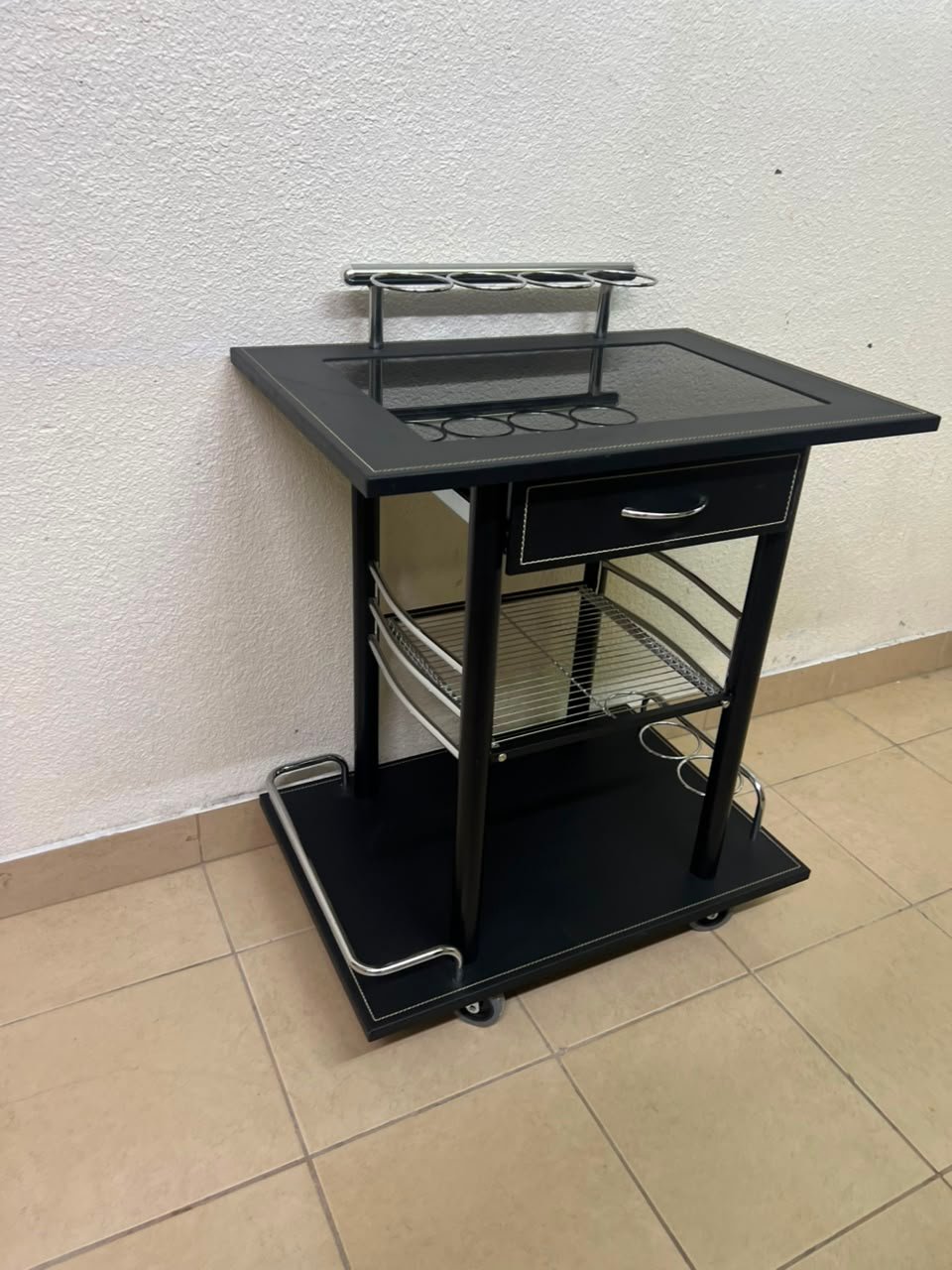 Sleek Black & Chrome Mobile Bar Cart / Serving Trolley with Drawer - Image 8