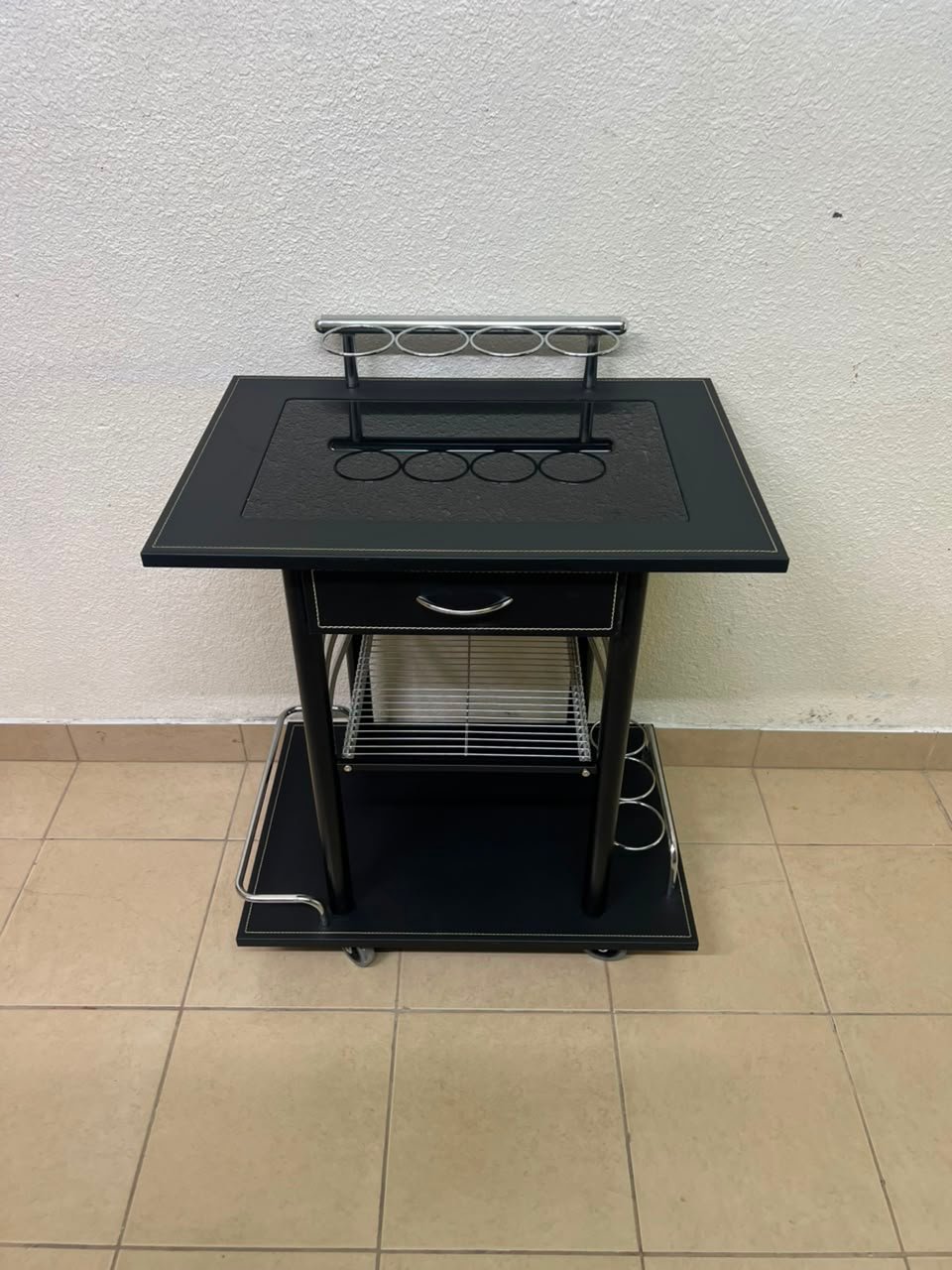 Sleek Black & Chrome Mobile Bar Cart / Serving Trolley with Drawer - Image 9