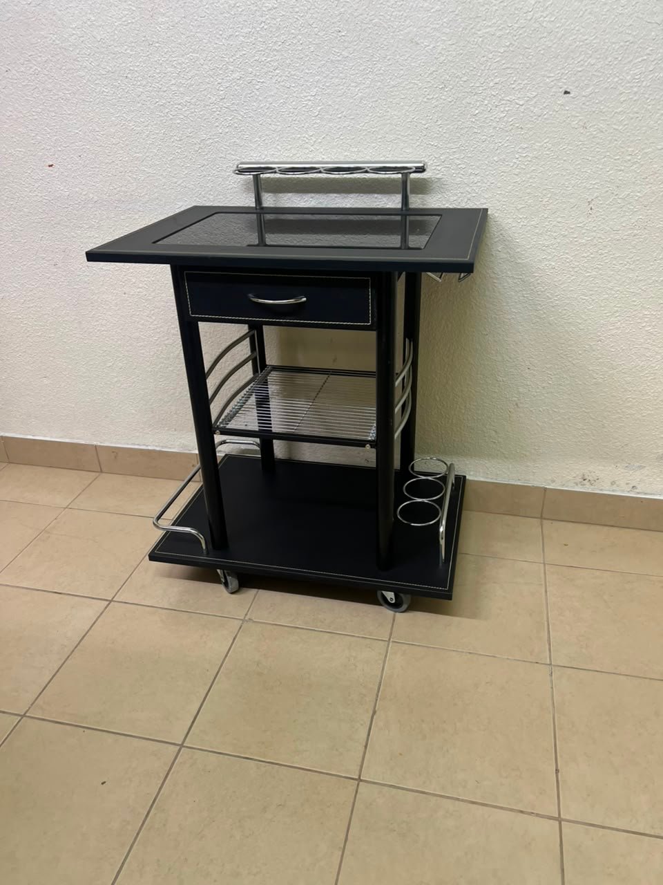 Sleek Black & Chrome Mobile Bar Cart / Serving Trolley with Drawer