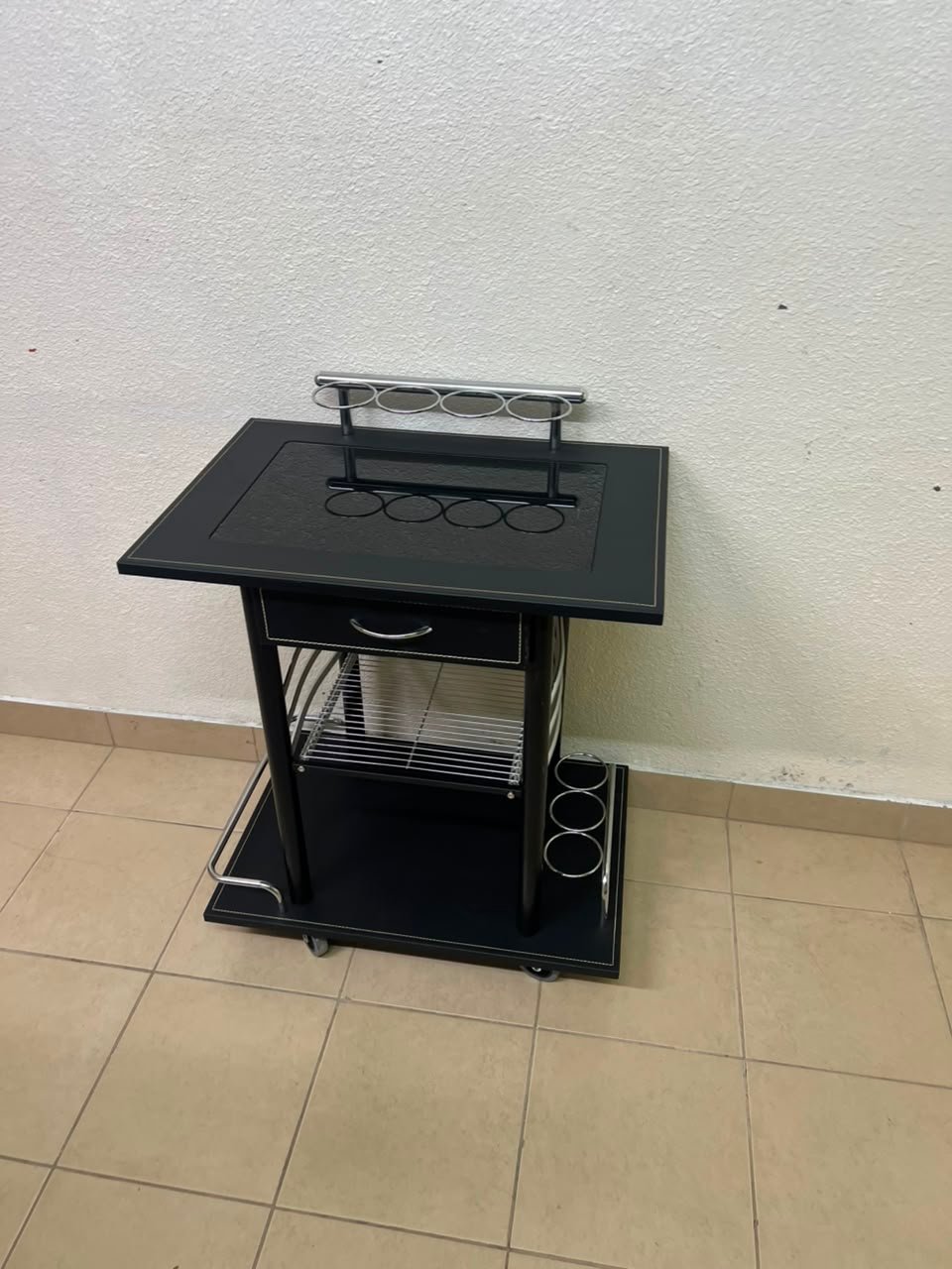 Sleek Black & Chrome Mobile Bar Cart / Serving Trolley with Drawer - Image 11