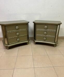 Glamorous Matching Pair of 3-Drawer Nightstands – Mirrored Sides & Jewel Knobs