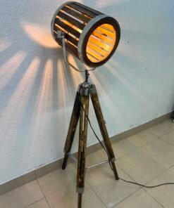 Industrial Tripod Floor Lamp – Warm Wood & Metal Spotlight - Image 2