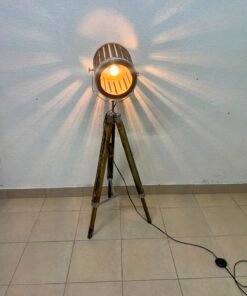 Industrial Tripod Floor Lamp – Warm Wood & Metal Spotlight - Image 6
