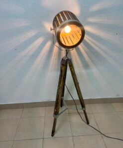 Industrial Tripod Floor Lamp – Warm Wood & Metal Spotlight - Image 8