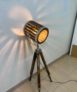 Industrial Tripod Floor Lamp – Warm Wood & Metal Spotlight - Image 9