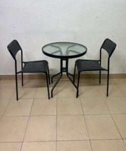 Modern 3-Piece Black Metal Bistro Set – Round Glass Table & 2 Perforated Chairs - Image 2
