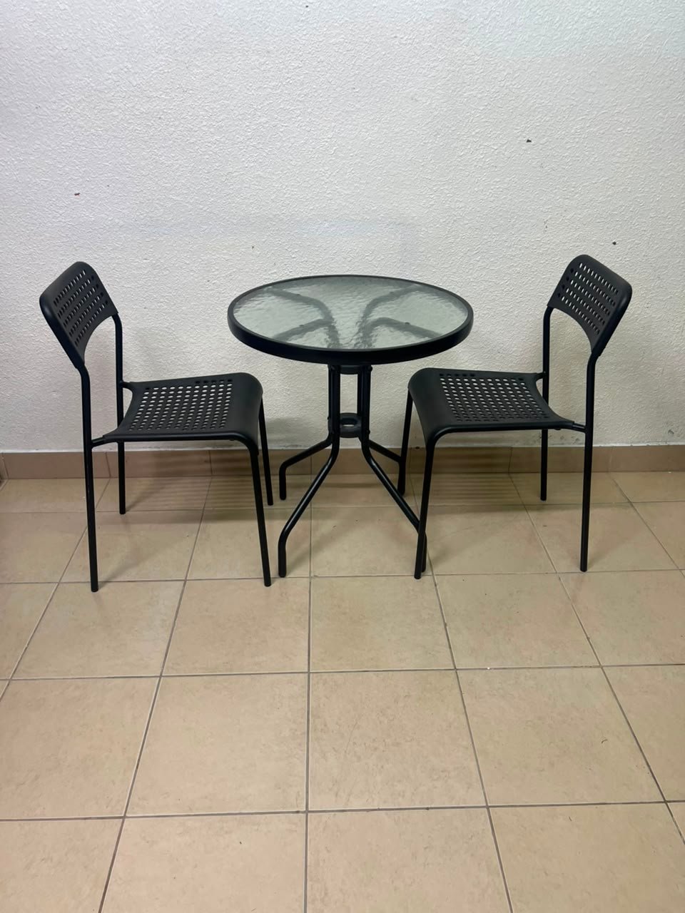 Modern 3-Piece Black Metal Bistro Set – Round Glass Table & 2 Perforated Chairs - Image 2