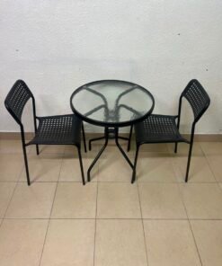 Modern 3-Piece Black Metal Bistro Set – Round Glass Table & 2 Perforated Chairs - Image 3