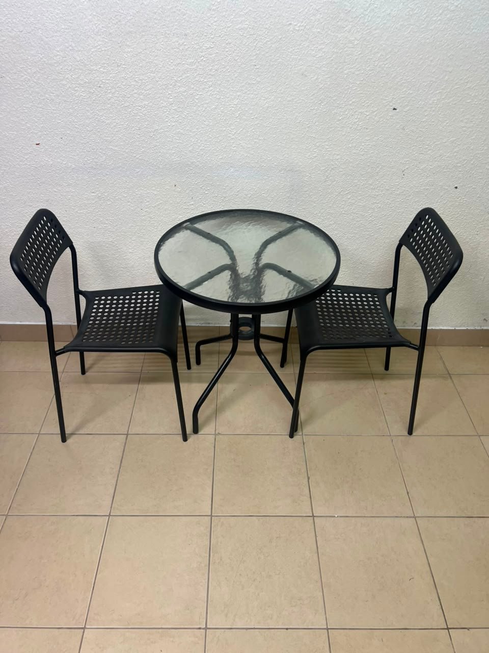 Modern 3-Piece Black Metal Bistro Set – Round Glass Table & 2 Perforated Chairs - Image 3