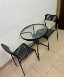 Modern 3-Piece Black Metal Bistro Set – Round Glass Table & 2 Perforated Chairs - Image 4