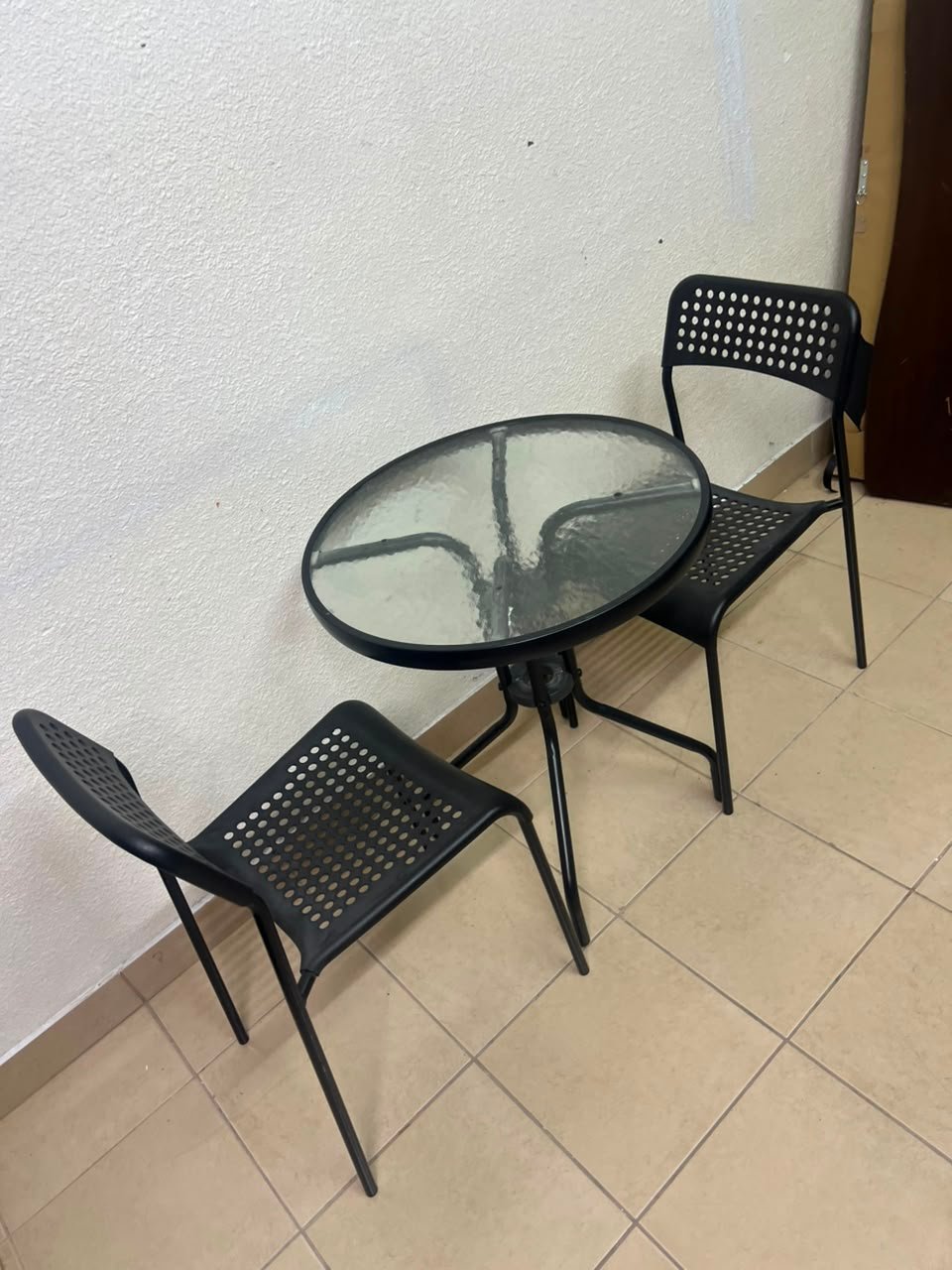 Modern 3-Piece Black Metal Bistro Set – Round Glass Table & 2 Perforated Chairs - Image 4