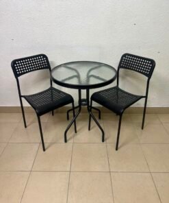 Modern 3-Piece Black Metal Bistro Set – Round Glass Table & 2 Perforated Chairs