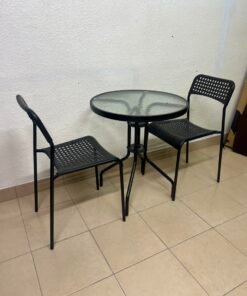 Modern 3-Piece Black Metal Bistro Set – Round Glass Table & 2 Perforated Chairs - Image 5